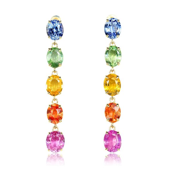 

edi rainbow colors sapphire drop earrings real 18k yellow gold natural sapphire gemstone earrings jewelry tassel, Golden;silver