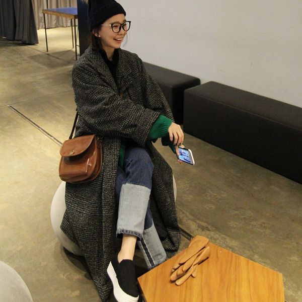 

johnature autumn winter coat women streetwear single breasted loose long wool coat 2019 new korean plaid thicken outerwear coats, Black
