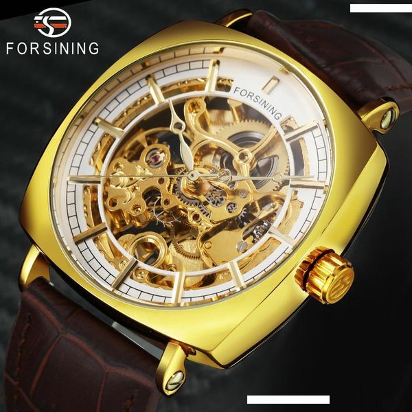 

forsining vintage golden automatic mechanical watch men skeleton carved dial leather strap mens watches gift, Slivery;brown