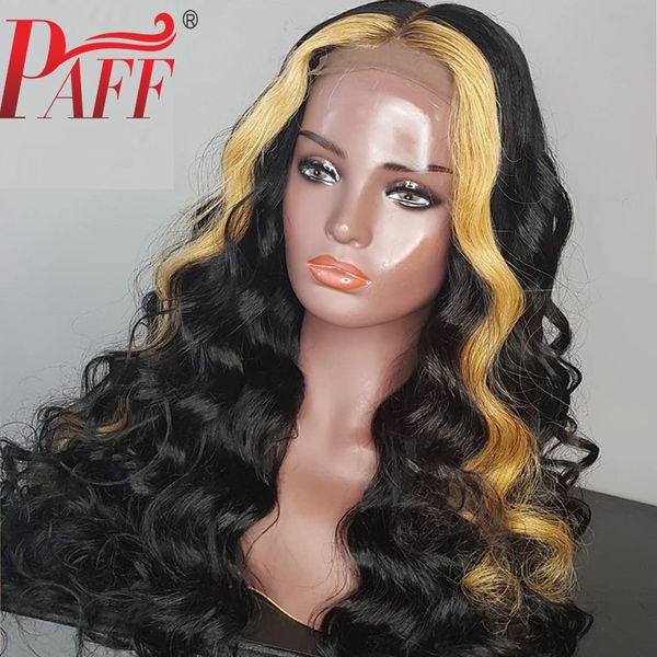 

paff highlight blonde lace front human hair wigs body wave brazilian remy hair pre plucked with baby hair middle part, Black;brown