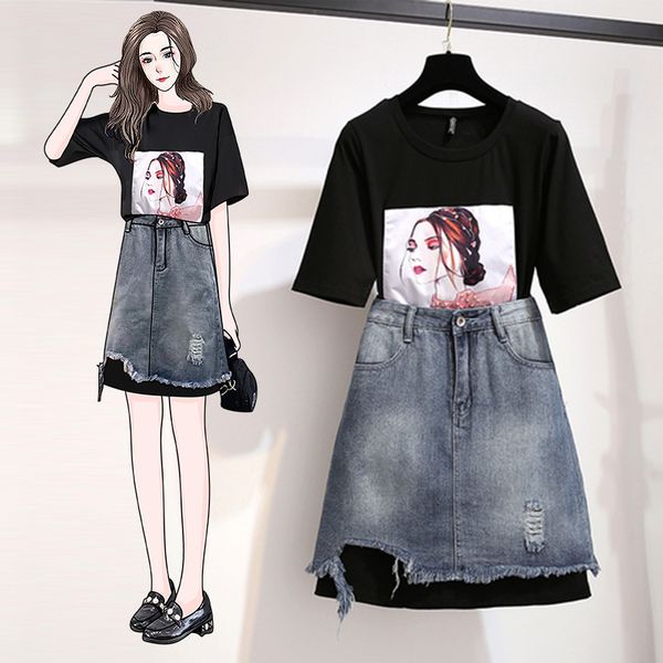 

two piece dress two-piece set large size women's 2021 summer loose younger girl mini skirt, White