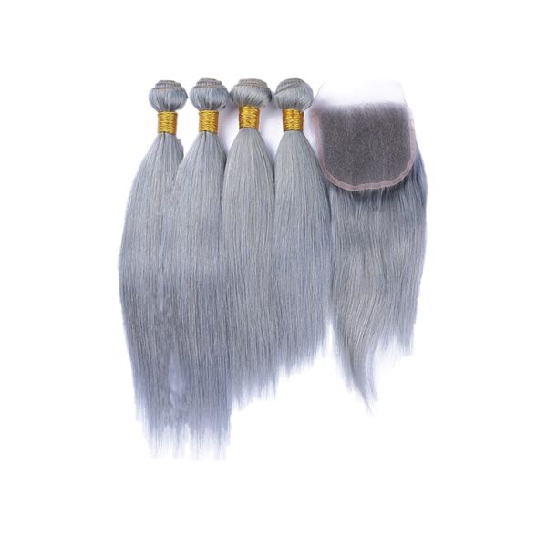 

Colored grey traight hair weft with 4x4 lace clo ure pure color traight hair weave exten ion with clo ure piece 4x4