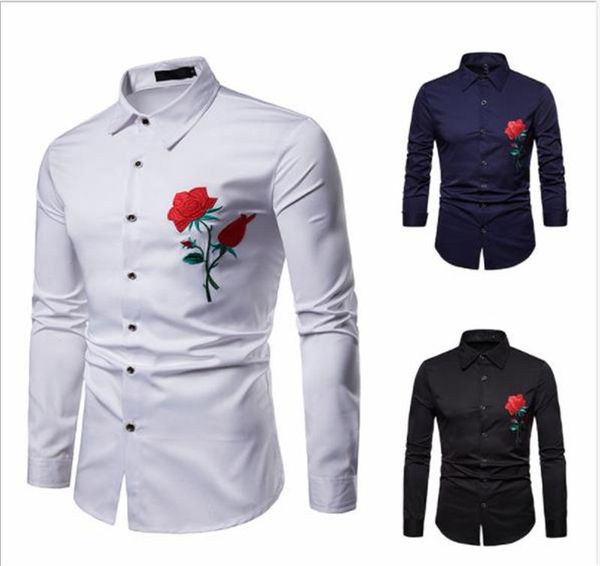 

Embroidery Mens Designer Shirts Rose Printed Plus Size Turn Down Collar Long Sleeve Mens Tops Casual Mens Clothing