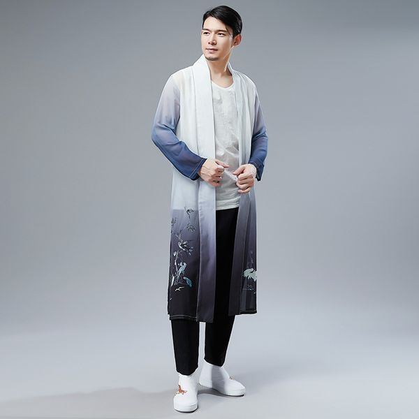 

chinese men's clothing chinese leisure gown male summer new ethnic white bird print hanfu costumes trench coat for men, Tan;black
