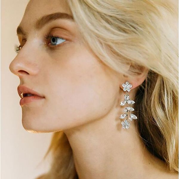 

stonefans statement long cubic zirconia drop earrings jewelry charming crystal cz leaves flowers earring for women accessories, Silver