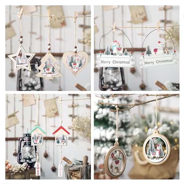 

1pc christmas house tree star shape alpaca wooden pendants ornaments wooden xmas tree christmas diy home decoration supplies