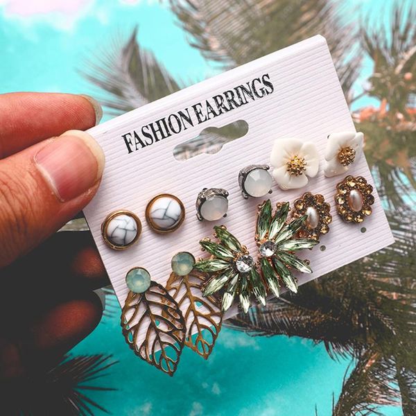 

selling women ear stud earrings fashion creative geometric irregular leaf flower earrings 6 piece set superb pendientes, Golden;silver