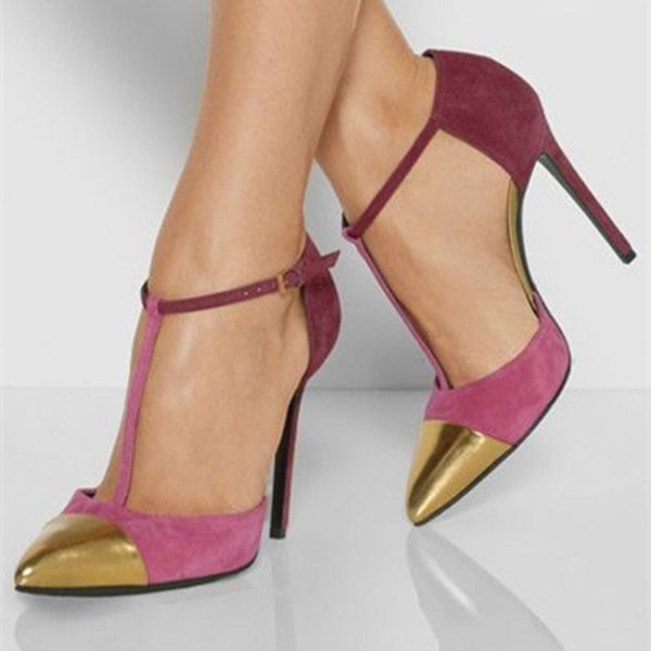 

kolnoo 2019 ladies high heels pumps t-strap gold pointed toe office court shoes party prom buckle strap fashion evening shoes d047, Black
