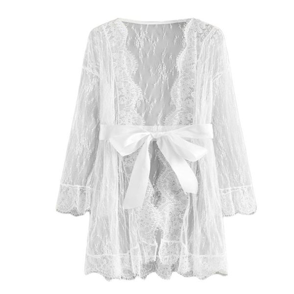 

jaycosin delicate women casual floral eyelash lace sheer robe long sleeve robe with belt lingerie comfortable nightdress, Black;red