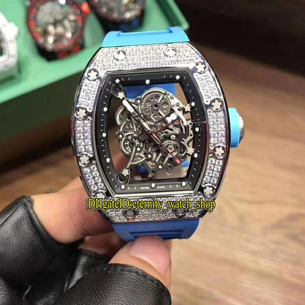 

new 19 color version rm055 japan miyota automatic skeleton dial silvery diamonds case rm 055 mens watch blue rubber strap sport watches