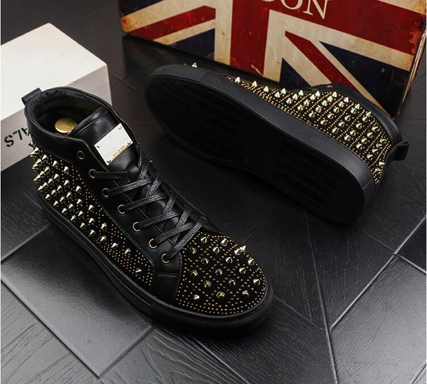 

new men luxury rivets sneakers spikes men shoes high punk men casual shoes sheet metal platform shoes ankle lts, Black