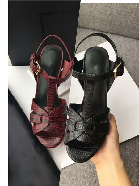 

block heels platform sandals woman summer pumps ankle buckle lizard design leather high heel sandals ladies office shoe, Black