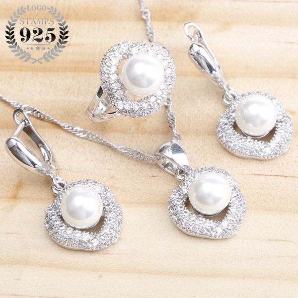 

pearl bridal jewelry sets earrings for women wedding silver 925 jewelry cubic zirconia pearls ring pendant necklace set gift box, Slivery;golden