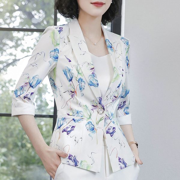 

чернила цветочный принт блейзер куртка женщин небольшой костюм 2019 весна non-iron досуг костюм женщины тонкий топ, White;black