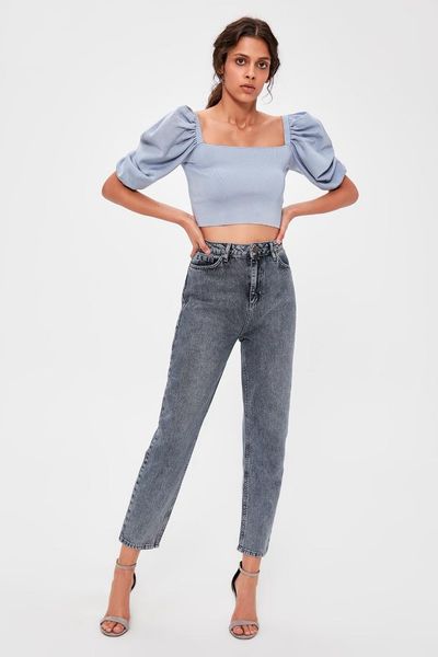 

trendyol anthracite high bel mom jeans twoaw20je0180, Blue