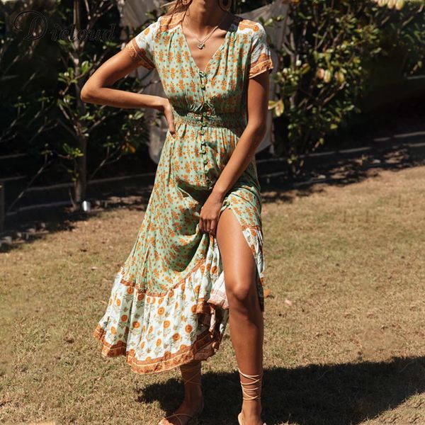 

dicloud элегантный boho длинные платья лета женщин с коротким рукавом цветочные печати кнопка up bohemian maxi платья женская одежда 2020, Black;pink