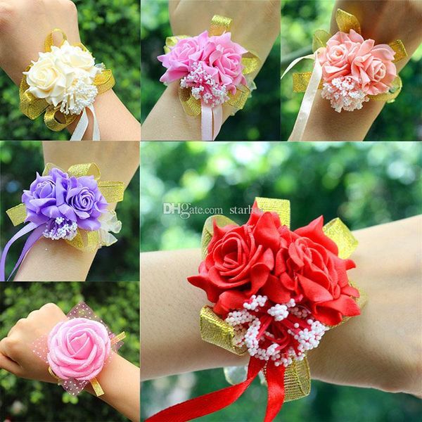 

artificial flowers wedding decorations bridal hand flower bridesmaids sisters wrist corsage foam rose simulation fake flowers wx9-399