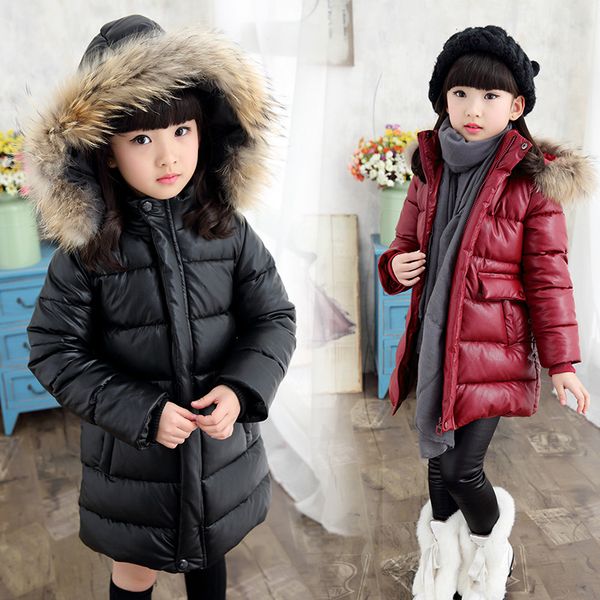 

children leather jacket winter girls cotton-padded coat real fur clothing girls warm coat fur hooed snowsuit kids tz563, Blue;gray