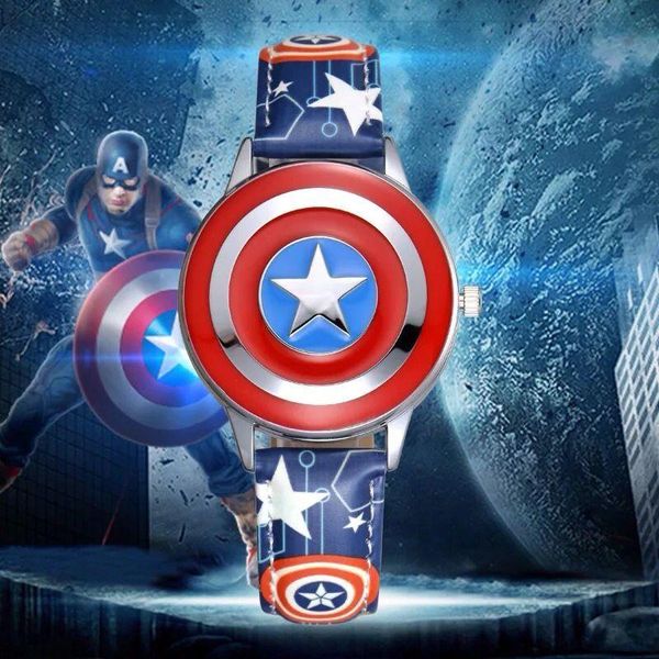 

marvel children kid watch quartz avengers super hero america captain bracelet leather wristwatches boy's gift qtvoi, Blue