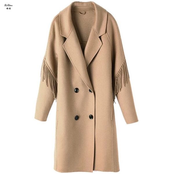 

zizhen 100%woolen tassel trench medium length khaki spring women overcoat double breasted turn-down collar pockets kqn20200422-1, Black