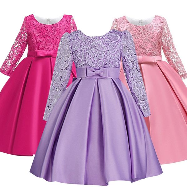 

2019 christmas girls dresses long sleeve bud silk bowknot clothes wedding party dress for girl children's princess dresses, Red;yellow
