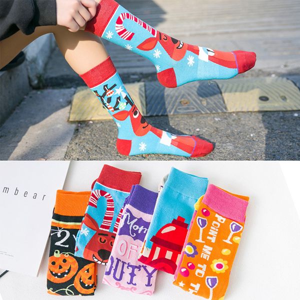 

female socks ins trend mid tube socks european and american couple asymmetric stockings halloween printing, Black;white