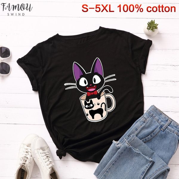 

summer women t shirt 100% cotton cartoon black cute cat s 5xl plus size fashion short animal kitty print female t, White