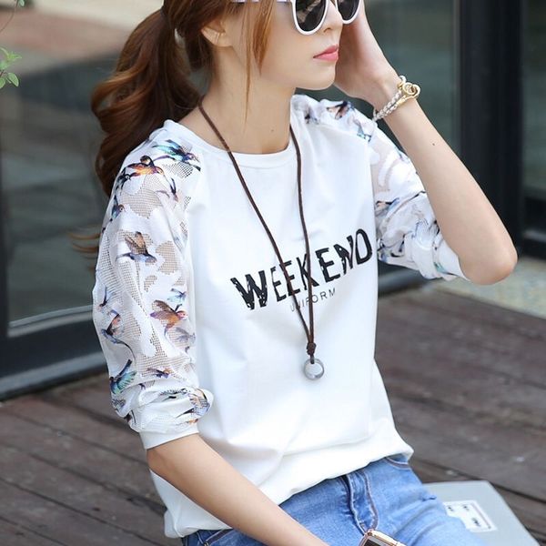 

women's 2020 loose long coat t-shirt sleeve t-shirt women's round collar mesh fashion, White