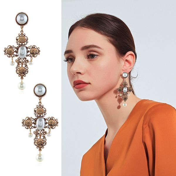

fashionable earrings for women white pearl mental christmas gifts for girls cross shape, Silver