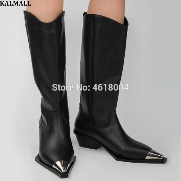 

kalmall fashion women white black knee high boots metal pointed toe chunky heels slip on cowboy long boots lady motorcycle