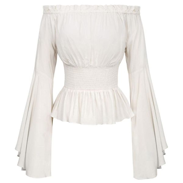 

women vintage renaissance medieval gothic bell sleeve tunic off shoulder blouse, White