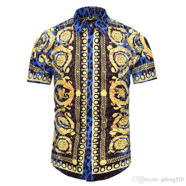 

new 2018 summer autumn harajuku medusa gold chain/dog rose print men shirts fashion retro floral sweater men's short sleeve shirts
