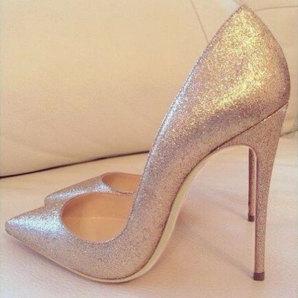 

silver glitter high heel shoes  12cm pointed toe shallow wedding shoes bride paillette stiletto heel celebrating pumps, Black