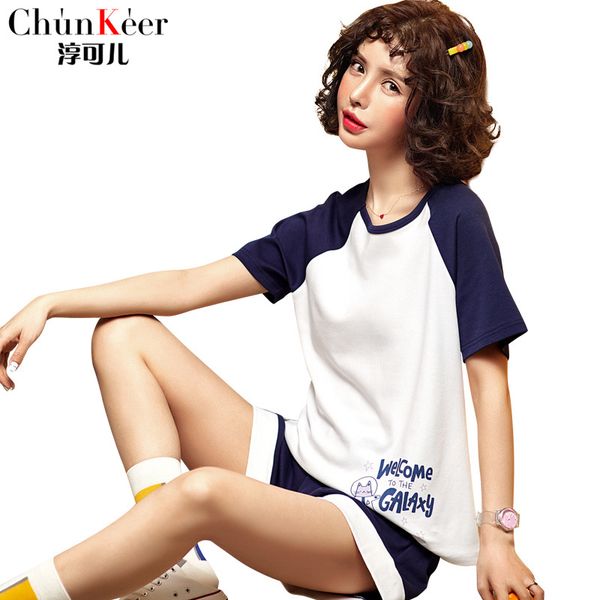 

sleepware женщины девушки пижамы наборы хлопка с коротким рукавом футболка + шорты милый мультфильм печати товары для дома s211, Blue;gray