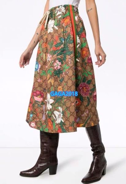 

high end women girls a-line jersey skirt patchwork all over interlocking letter floral motif skirt midi dress fashion design luxury dresses, Black