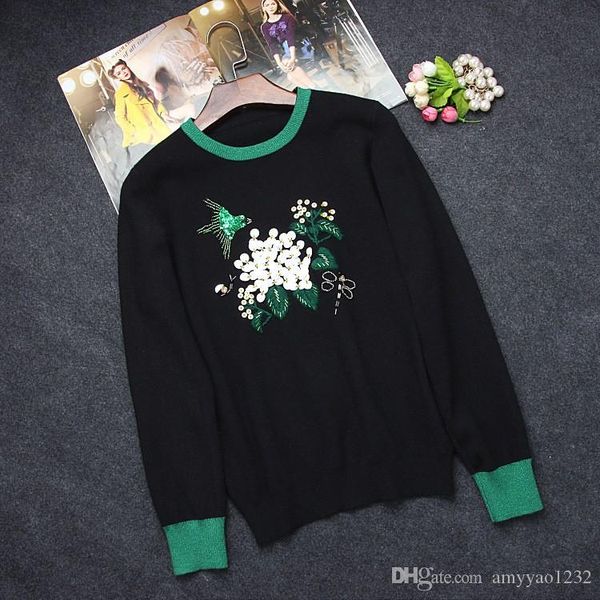 

2016 autumn black birds sequins beads long sleeves women's sweaters high end runway pullovers m80536, White;black