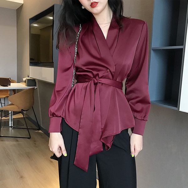 

blouses woman 2019 autumn blusas mujer dames kleding lace up v-neck solid color long sleeve elegant ladies shirt, White