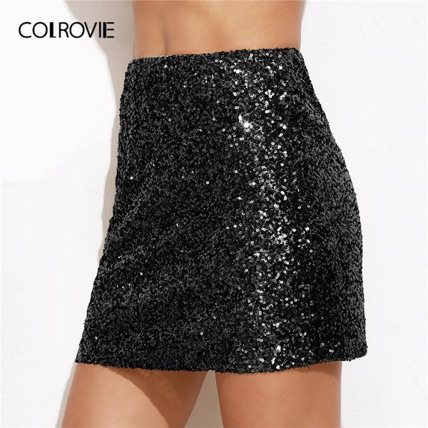 

colrovie black solid metallic sequin bodycon skirt women 2019 summer korean high waist vintage a line mini skirt club skirts