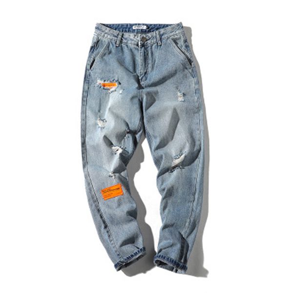 

men's personality hole jeans jeans tide men's straight pants contrast color simple wild casual pants, Blue