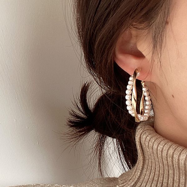 

chic trendy silver gold big hollow round circle twisted cross pearl statement drop earrings for women fashion jewelry