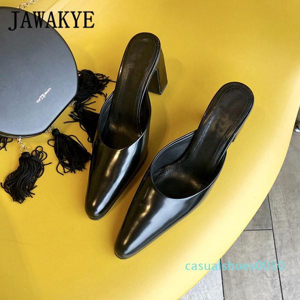 

2019 new arrival white genuine leather square high heel slippers women pointed toe ladies mules outdoor slip on shoes woman c30, Black