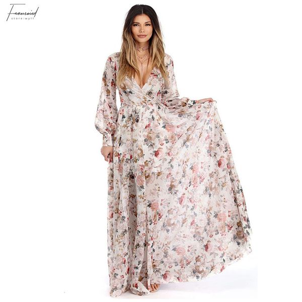 

женщины v neck с длинным рукавом шифон цветочные повседневный длинные maxi платья вечерние платья партии нового типа способа пят платье vest, Black;gray