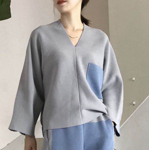 

tvvovvin stitching two-color v-neck long-sleeved pullover sweater casual fashion loose plus women 2019 autumn new c563, White;black