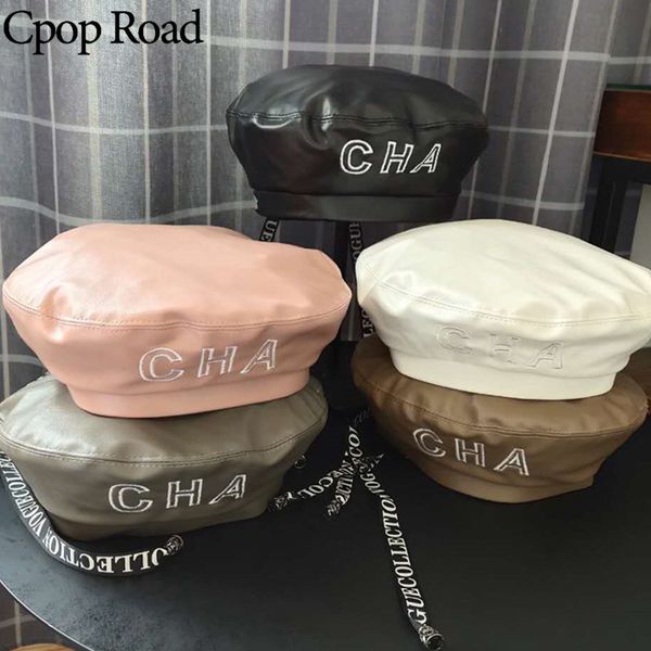 

cpop trendy 5 colors pu leather berets pure color letter printing female hats casual personality elegant women hat, Blue;gray