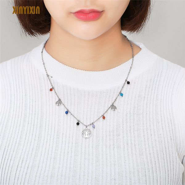 

boho tree of life necklace choker necklace for women silver stainless steel colorful beads pendant friend jewelry, Golden;silver
