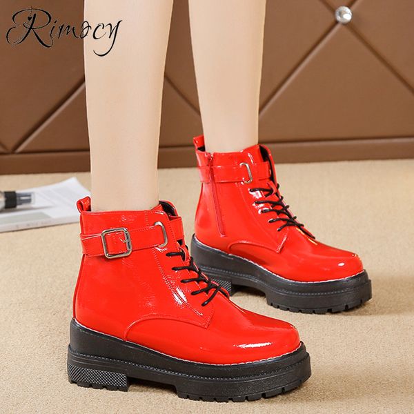 

rimocy patent leather ankle boot for women thcik sole platform winter boots woman waterproof wedge motorcycle booties mujer 2019, Black