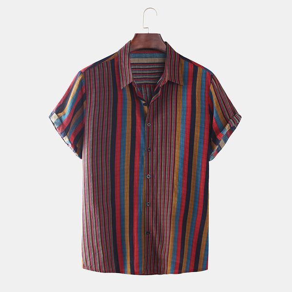 

man shirt mens retro ethnic printed lapel cotton linen stripe short sleeve loose floral hawaiian shirt camisas para hombre, White;black