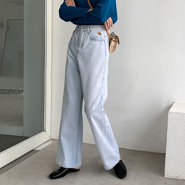 

новые 2020 сыпучие цветок вышитые джинсы широкий ноги брюки высокой талией blue jeans light blue straight vintage