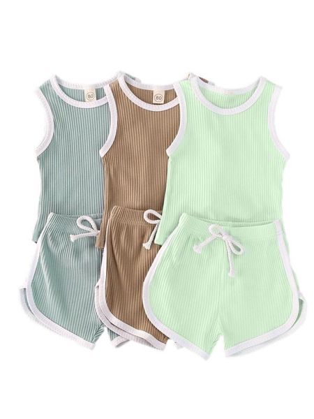 

2020 toddler baby boys girls summer clothes newborn kids baby ribbed knitted sleeveless t-shirts+shorts children tracksuits sets, White