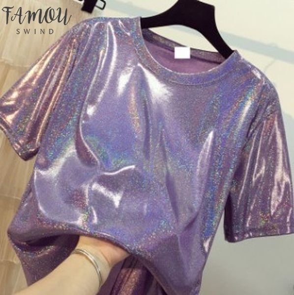 

b3891 2020 summer new women fashion casual loose round neck and sparkly reflective short sleeved t shirt trend ing, White